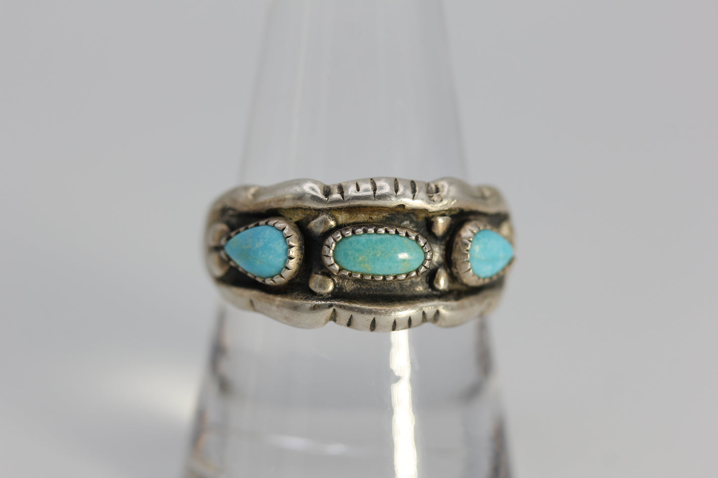 Johnny Pitchlynn Choctaw Signed 925 Sterling Turquoise Band Ring - 5.7 g Size 9.75