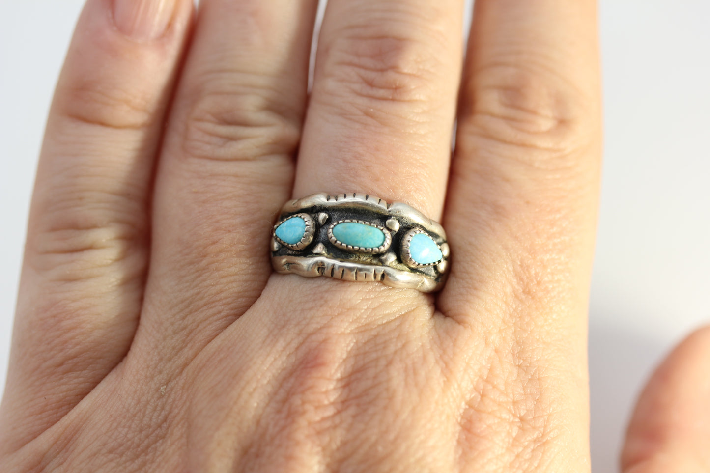 Johnny Pitchlynn Choctaw Signed 925 Sterling Turquoise Band Ring - 5.7 g Size 9.75