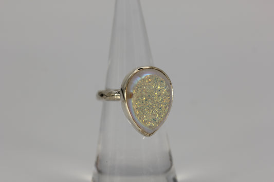 Starborn Sterling Silver 925 Pear Shaped White Druzy Quartz Ring - Sz 6.5