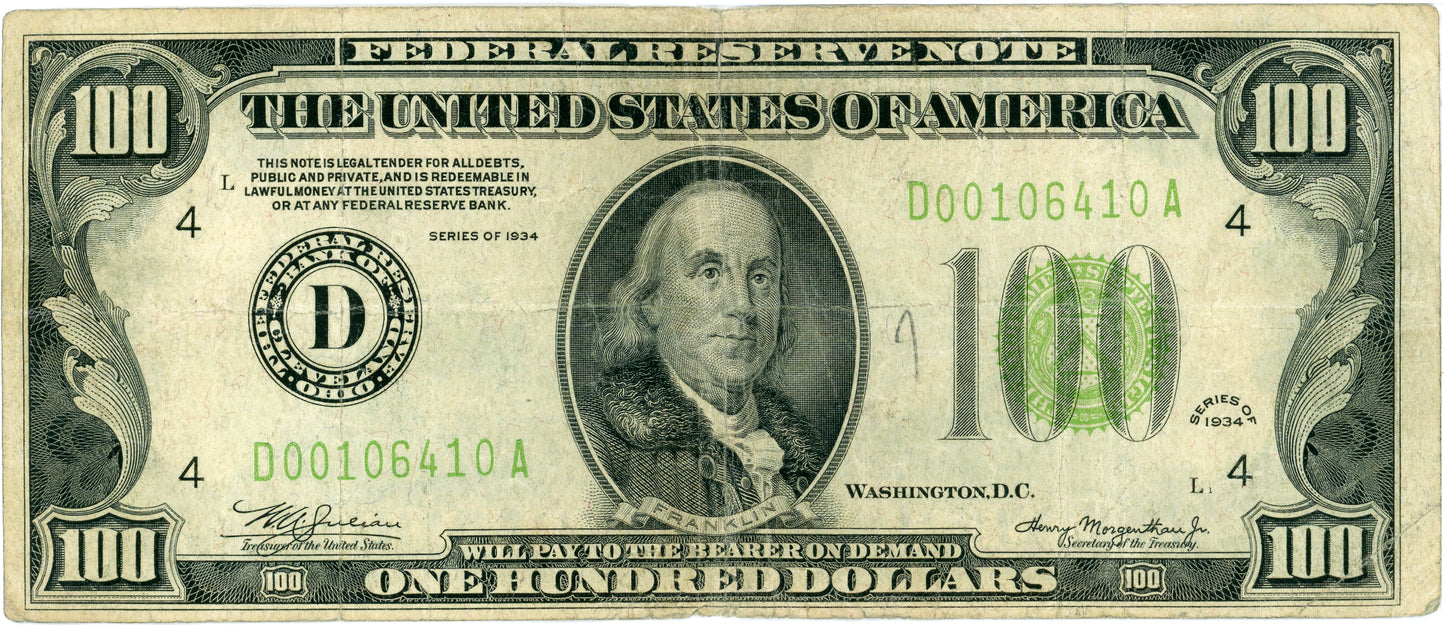 1934 $100 Fed Reserve Note Julian Morgenthau Cleveland F-2152D D00106410A