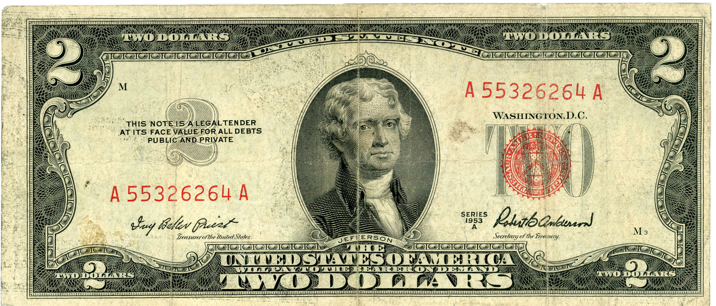 1953 A $2 Dollar Bill Legal Tender Priest Anderson F-1510 A55326264A