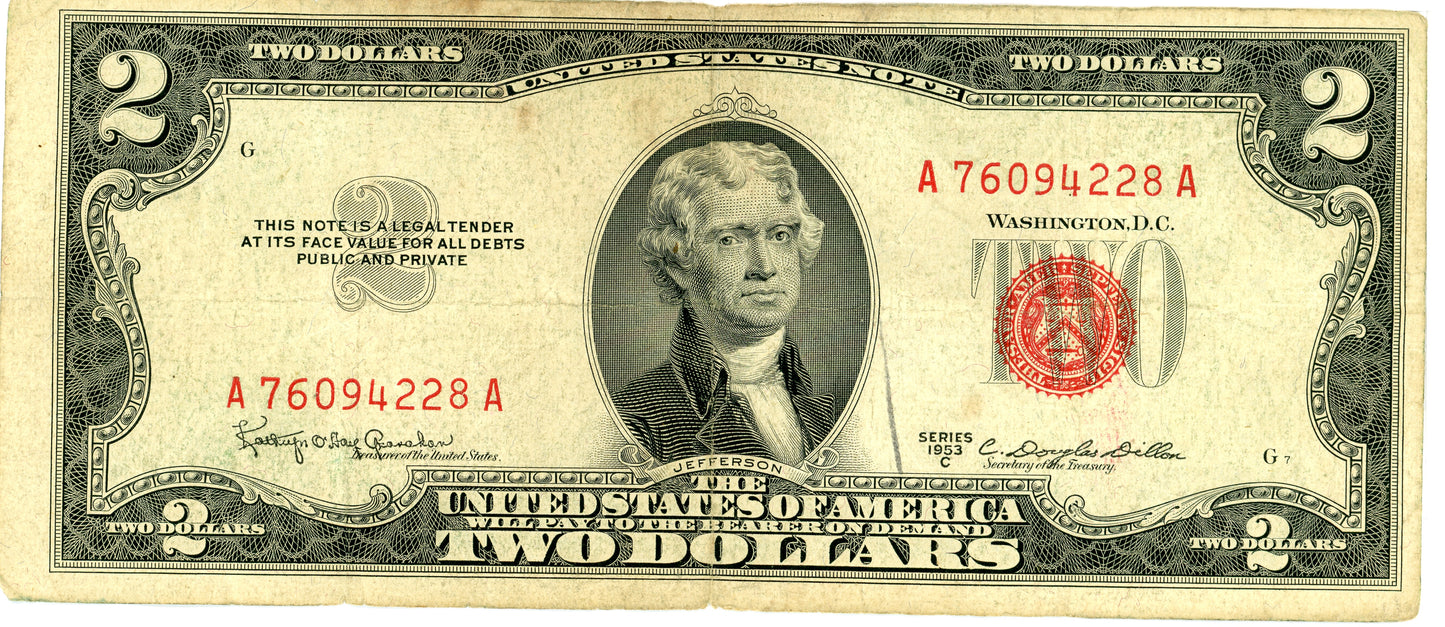 1953 C $2 Dollar Bill Legal Tender Granahan Dillon F-1512 A76094228A