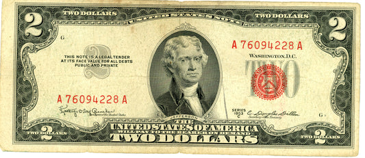 1953 C $2 Dollar Bill Legal Tender Granahan Dillon F-1512 A76094228A