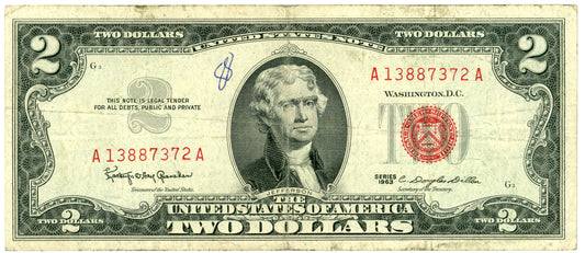 1963 $2 Dollar Bill Legal Tender Granahan Dillon F-1513 A13887372A