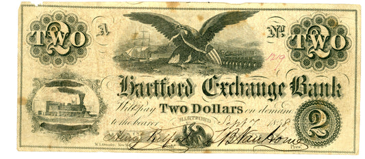 1858 $2 Hartford Indiana Exchange Bank Obsolete Currency 1219 9-17-1958