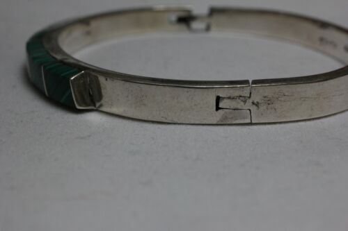 Sterling Silver 925 Mexico TF-49 Malachite Hinged Bangle Bracelet - 7 inch
