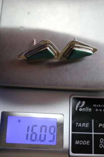 Vintage Mexico TL-92 Sterling Silver 925 Malachite Modern Post Earrings