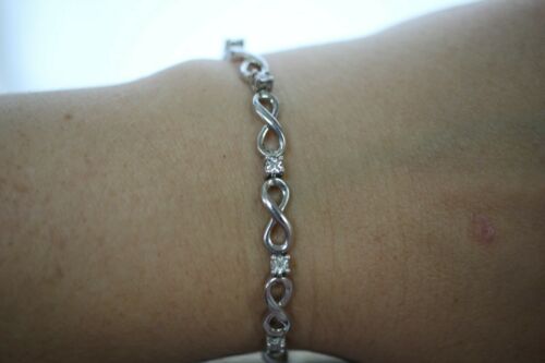 Sterling Silver 925 Adjustable Bolo Bracelet with Diamond Chips Infinity Symbols