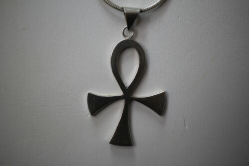 Sterling Silver 925 Vintage Mexico Egyptian Ankh Cross Pendant with Snake Chain