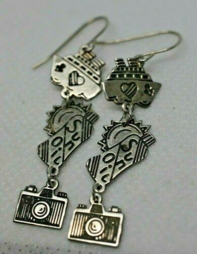 Berebi Sterling Silver Cruise Boat Sun Oil Camera Dangle Wire Pierce Earrings