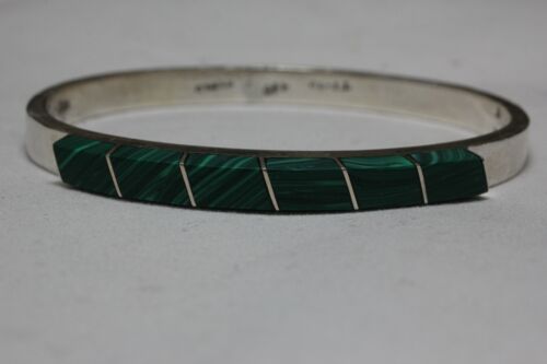 Sterling Silver 925 Mexico TF-49 Malachite Hinged Bangle Bracelet - 7 inch