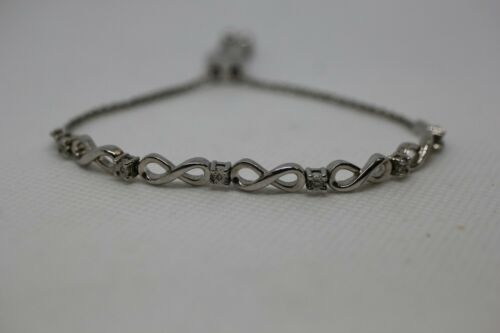 Sterling Silver 925 Adjustable Bolo Bracelet with Diamond Chips Infinity Symbols