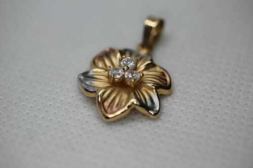 14k Yellow White & Rose Gold Tri Color Plumeria Flower CZ Pendant