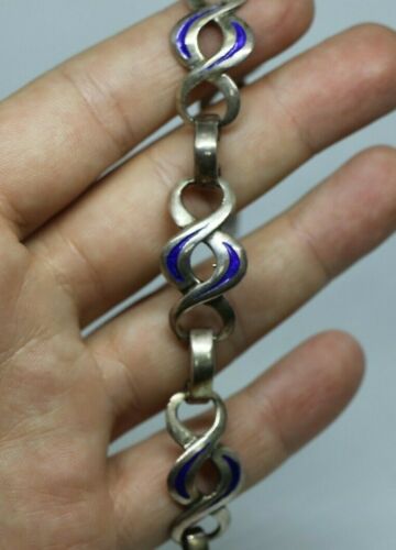 Italy 925 Sterling Silver Blue Enamel Openwork Swirl Infinity Link Bracelet 7.5"