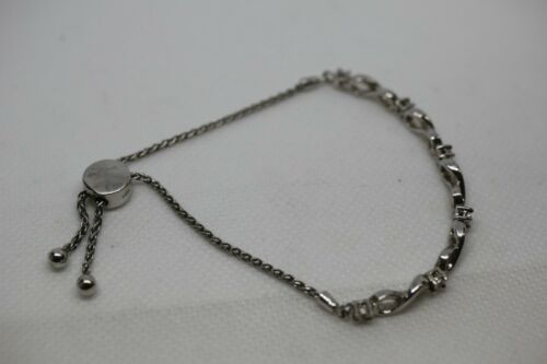 Sterling Silver 925 Adjustable Bolo Bracelet with Diamond Chips Infinity Symbols