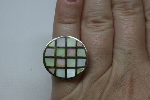 Unique Sterling Silver 925 Round Mother of Pearl Inlay Curved Ring - Sz 5.75