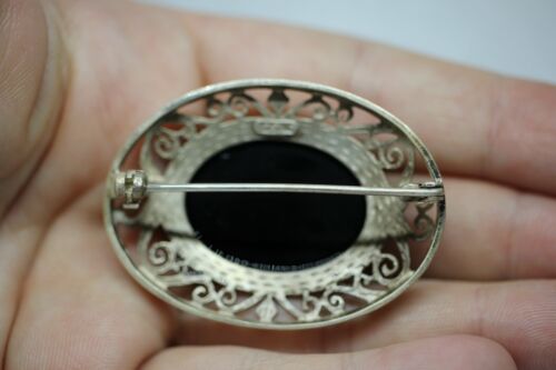 Sterling Silver Oval Black Onyx Cabochon Scroll Heart Diamond Pin Brooch