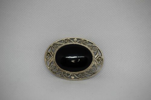 Sterling Silver Oval Black Onyx Cabochon Scroll Heart Diamond Pin Brooch