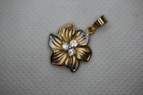 14k Yellow White & Rose Gold Tri Color Plumeria Flower CZ Pendant