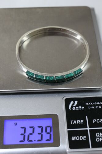 Sterling Silver 925 Mexico TF-49 Malachite Hinged Bangle Bracelet - 7 inch