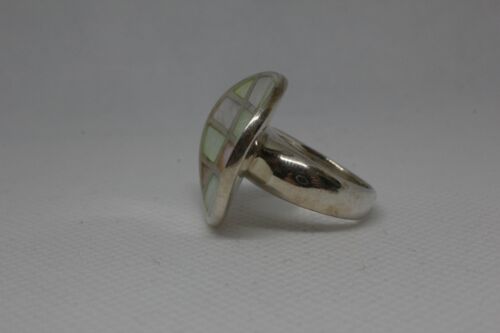 Unique Sterling Silver 925 Round Mother of Pearl Inlay Curved Ring - Sz 5.75