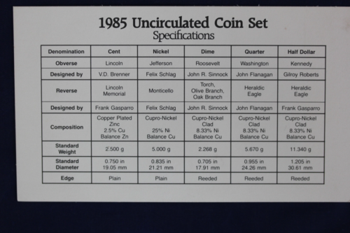 1985 P&D U.S. Mint Uncirculated Coin Set w/ Original Packaging