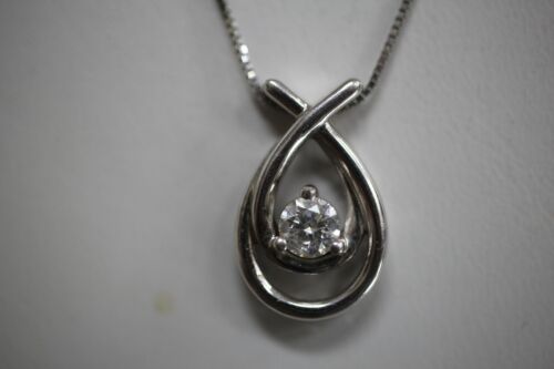 14k White Gold ~.50 ct Round Diamond Solitaire Love's Embrace Pendant w/ 18" Box