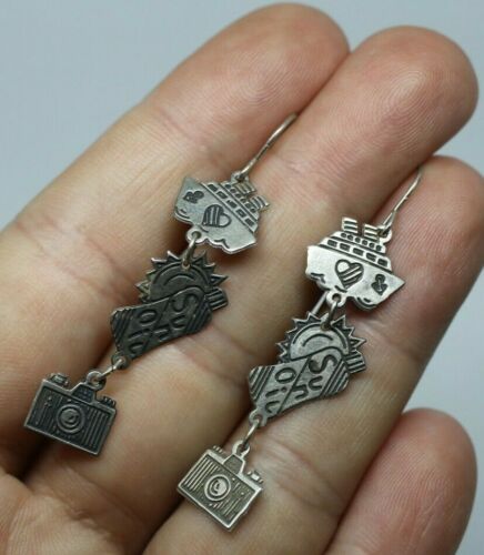 Berebi Sterling Silver Cruise Boat Sun Oil Camera Dangle Wire Pierce Earrings