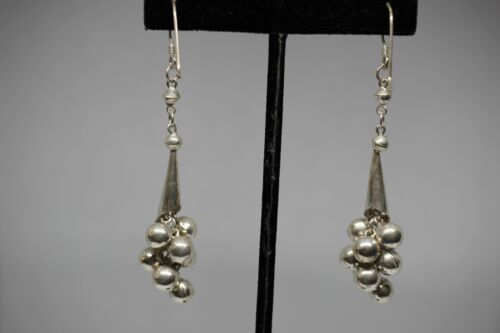 Sterling Silver 925 Modernist Cone & Ball Dangle Cha Cha Earrings - 2 7/8 inch