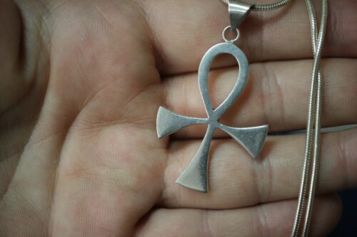 Sterling Silver 925 Vintage Mexico Egyptian Ankh Cross Pendant with Snake Chain