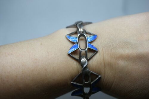 Italy 800 Sterling Silver Blue Enamel Openwork Modernist Link Bracelet 8 in