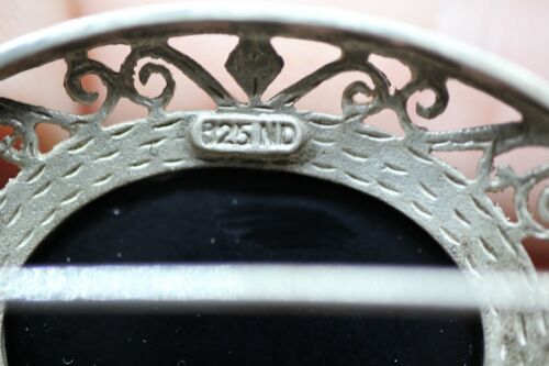 Sterling Silver Oval Black Onyx Cabochon Scroll Heart Diamond Pin Brooch