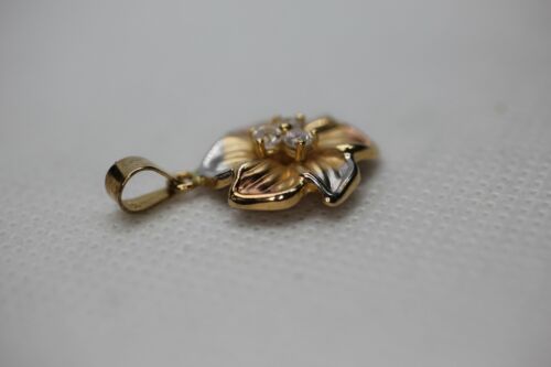 14k Yellow White & Rose Gold Tri Color Plumeria Flower CZ Pendant