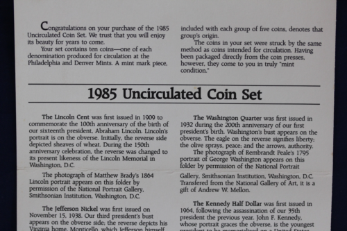 1985 P&D U.S. Mint Uncirculated Coin Set w/ Original Packaging