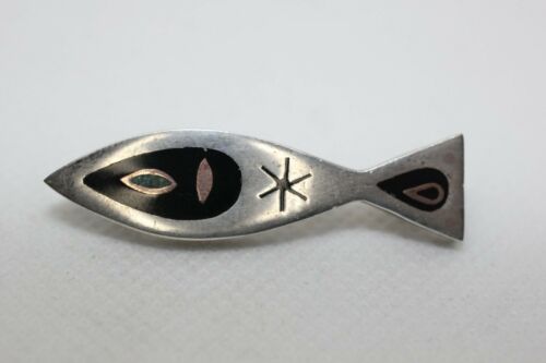 Vtg Mexico 925 Sterling Silver Copper Inlay Lucite Modernist Fish Brooch Pin