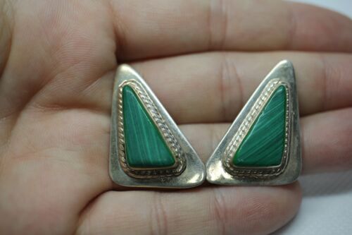 Vintage Mexico TL-92 Sterling Silver 925 Malachite Modern Post Earrings