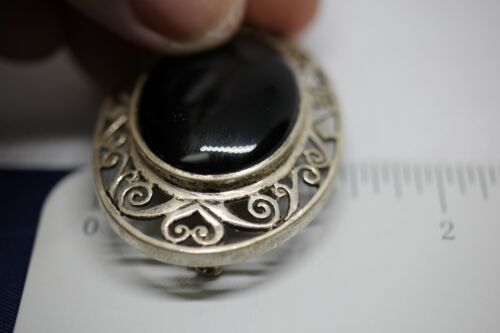 Sterling Silver Oval Black Onyx Cabochon Scroll Heart Diamond Pin Brooch