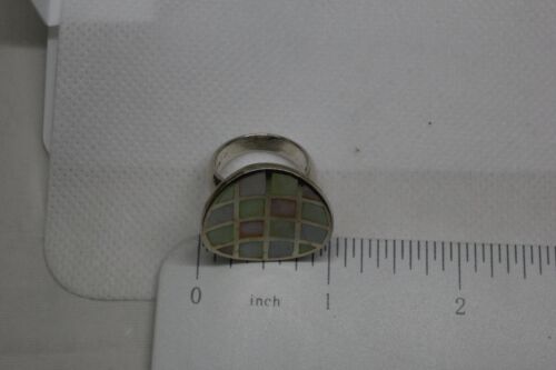 Unique Sterling Silver 925 Round Mother of Pearl Inlay Curved Ring - Sz 5.75