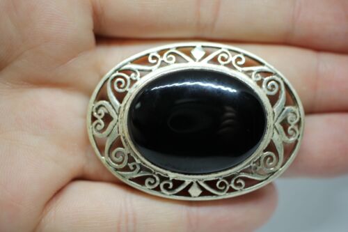 Sterling Silver Oval Black Onyx Cabochon Scroll Heart Diamond Pin Brooch