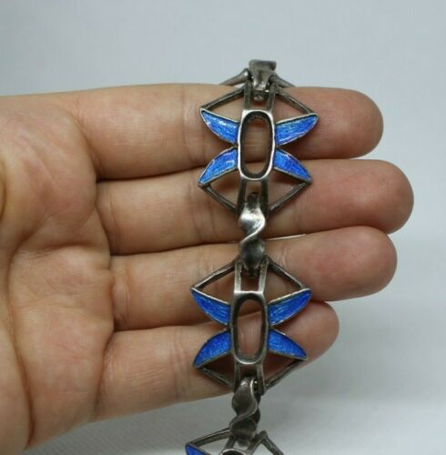 Italy 800 Sterling Silver Blue Enamel Openwork Modernist Link Bracelet 8 in