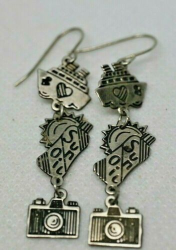Berebi Sterling Silver Cruise Boat Sun Oil Camera Dangle Wire Pierce Earrings