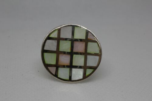 Unique Sterling Silver 925 Round Mother of Pearl Inlay Curved Ring - Sz 5.75