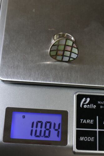 Unique Sterling Silver 925 Round Mother of Pearl Inlay Curved Ring - Sz 5.75