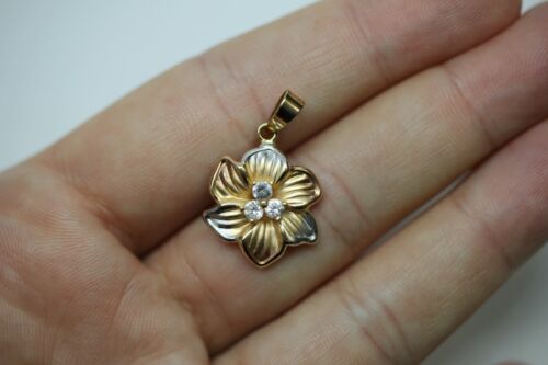 14k Yellow White & Rose Gold Tri Color Plumeria Flower CZ Pendant
