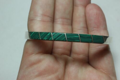 Sterling Silver 925 Mexico TF-49 Malachite Hinged Bangle Bracelet - 7 inch