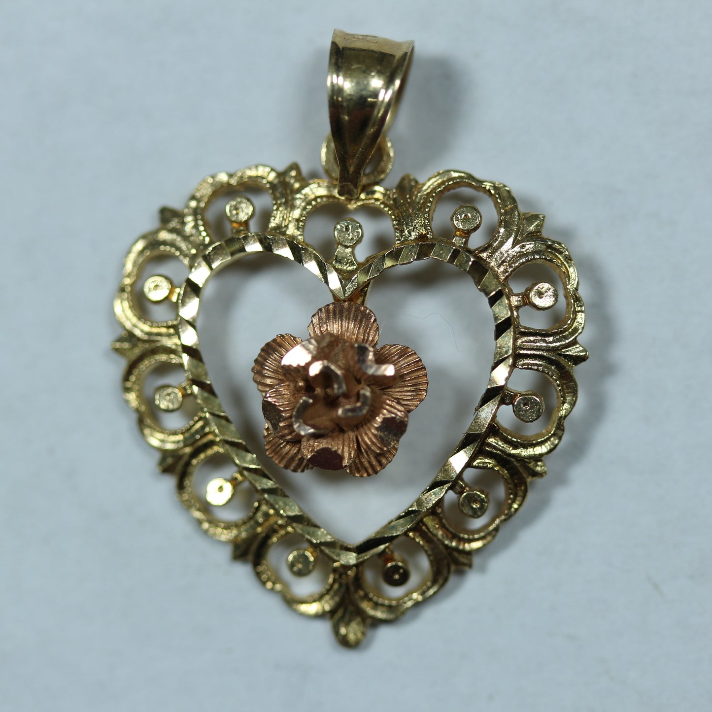14k Yellow & Rose Gold Heart and Rose Flower Charm Pendant