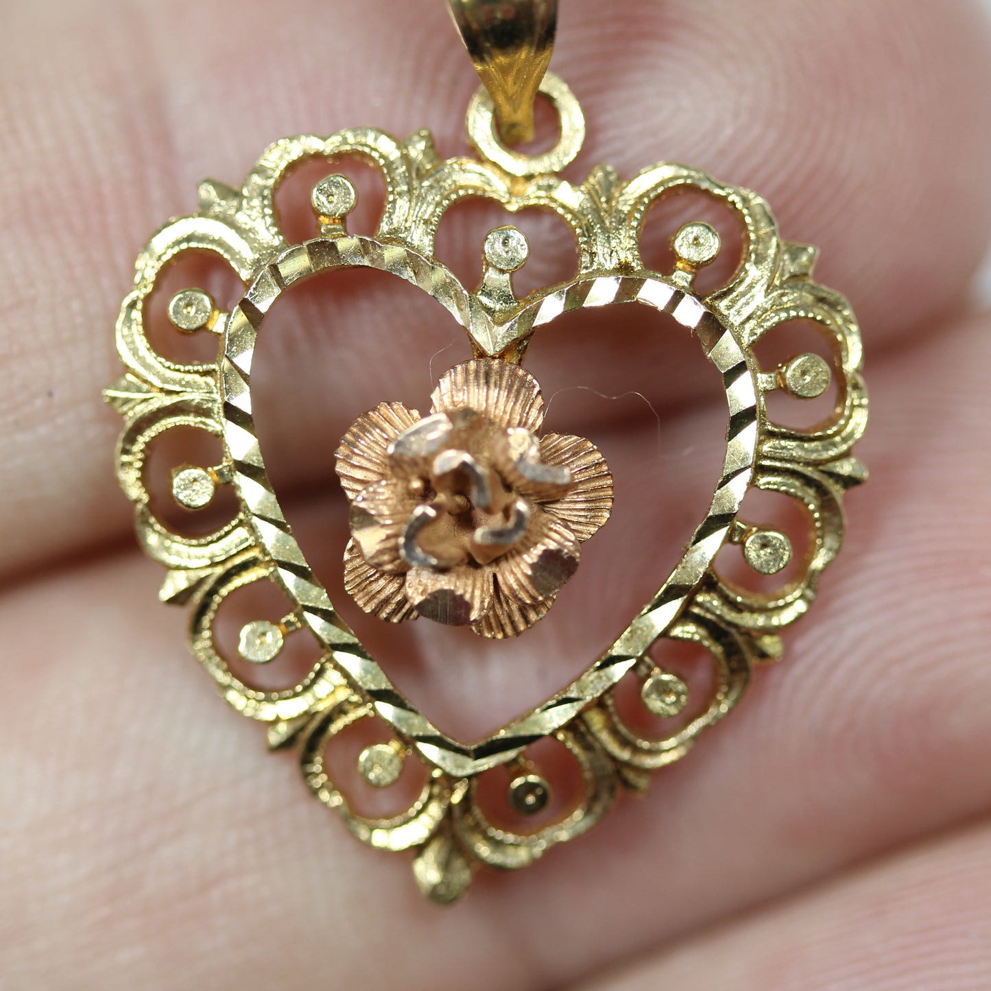 14k Yellow & Rose Gold Heart and Rose Flower Charm Pendant