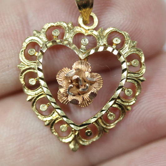 14k Yellow & Rose Gold Heart and Rose Flower Charm Pendant