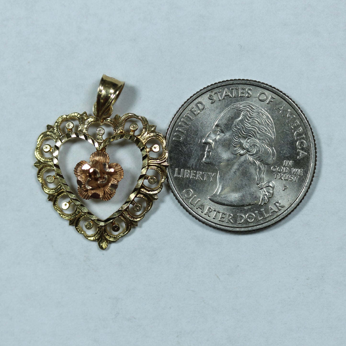 14k Yellow & Rose Gold Heart and Rose Flower Charm Pendant
