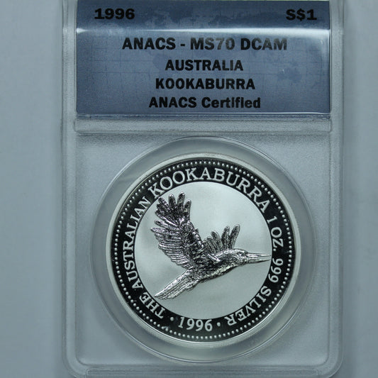 1996 $1 Australia Kookaburra 1 oz Silver - ANACS MS70 DCAM Deep Cameo